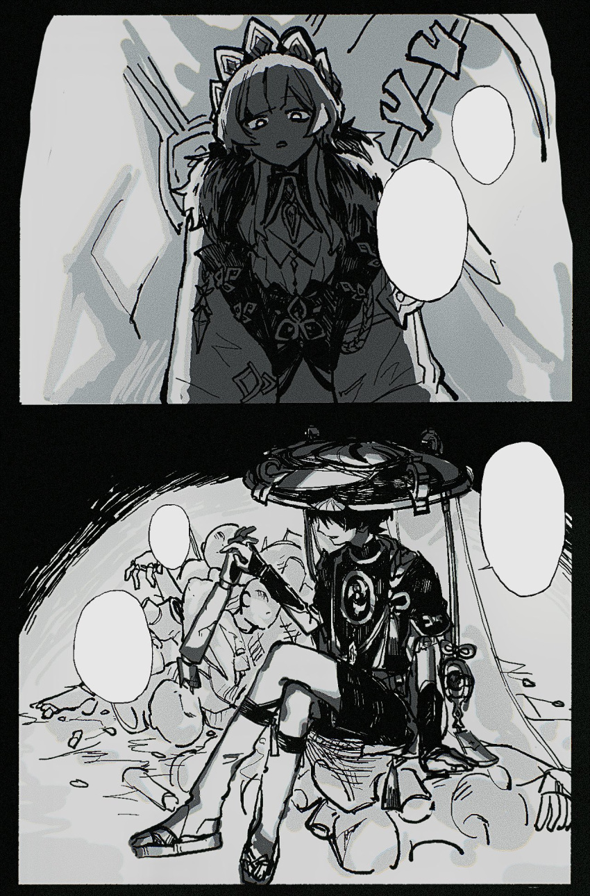 1boy, 1girl, arm_at_side, arm_support, armor, blunt_bangs, blunt_ends, bodysuit