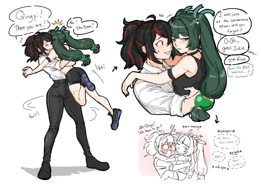 2girls, black_choker, black_hair, black_pants, black_shorts, black_tank_top, blush, choker