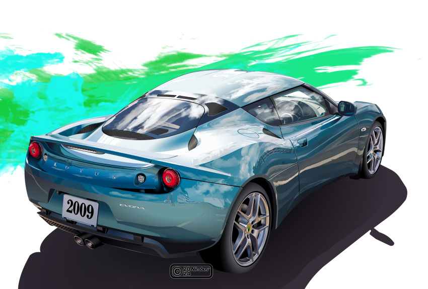 artist_name, blue_car, car, highres, lotus_evora, motor_vehicle, nimbus_goldbrum, no_humans, original, rear-view_mirror, reflection, shadow, vehicle_focus, white_background