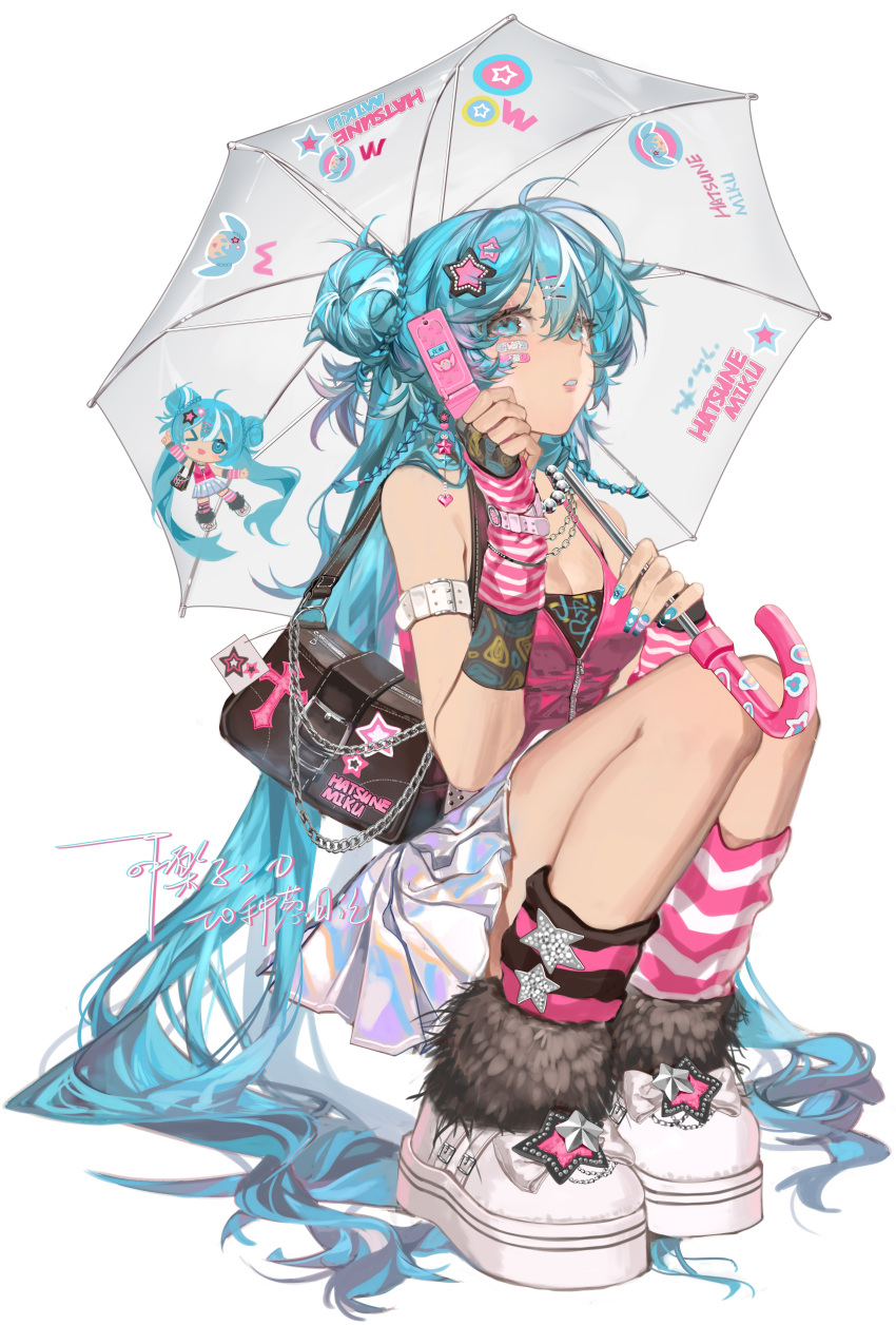 1girl, absurdres, arm_belt, arm_warmers, asymmetrical_legwear, bag, bandaid, bandaid_on_cheek