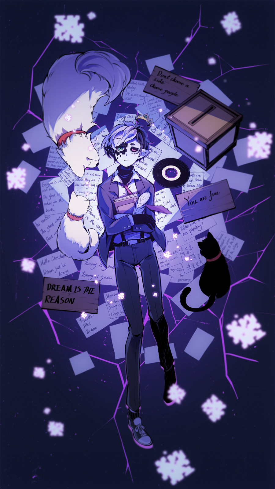 1other, adapted_costume, androgynous, animal, animification, black_hair, black_skin, book, cat, character_request, colored_skin, commentary, crown, dog, dream_smp, enderchest_(dream_smp), english_commentary, english_text, formal, full_body, green_eyes, heterochromia, highres, holding, holding_book, jacket, long_sleeves, looking_at_viewer, lucylee158, lying, minecraft_youtube, multicolored_hair, multicolored_skin, necktie, on_back, other_focus, paper, pet, pointy_ears, ranboo, record, red_eyes, shirt, short_hair, sign, solo, split-color_hair, two-tone_hair, two-tone_skin, white_skin
