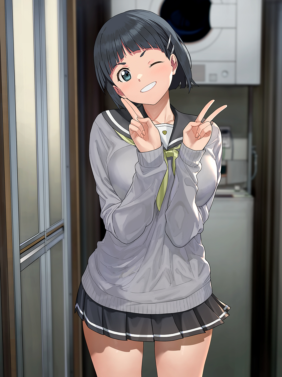 1girl, ;), a1_(initial-g), black_hair, black_sailor_collar, black_skirt, blue_eyes, blurry