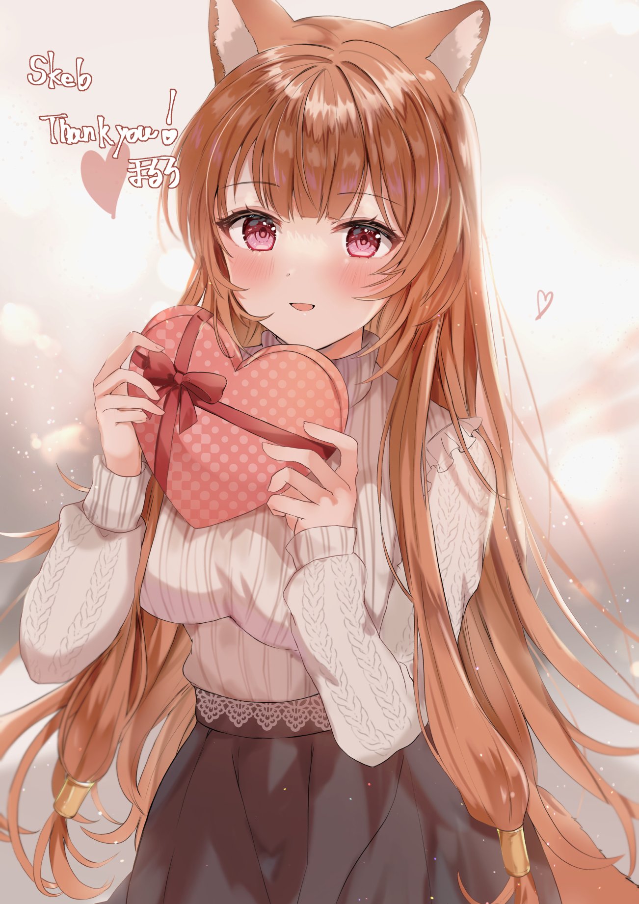 1girl, :d, alternate_costume, animal_ears, black_skirt, blunt_bangs, blush, box