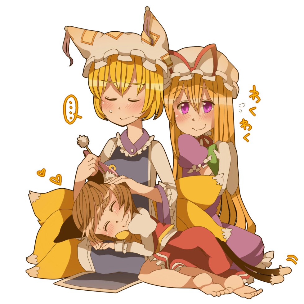 :3, barefoot, blonde_hair, blush, brown_hair, cat_tail, chen, cleaning_ears