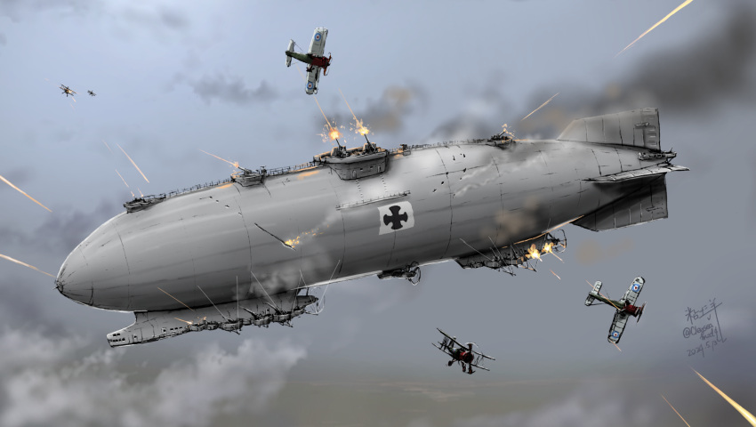 aerial_battle, aircraft, airplane, anti-aircraft_gun, battle, biplane, dieselpunk, dirigible