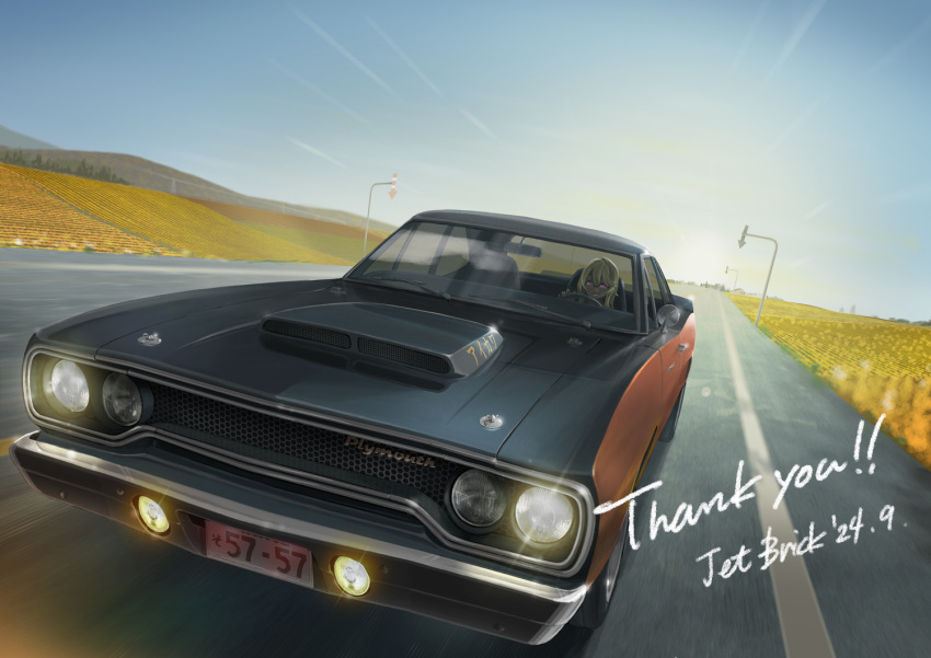 1girl, artist_name, autumn, blonde_hair, blue_sky, car, commentary_request, dated