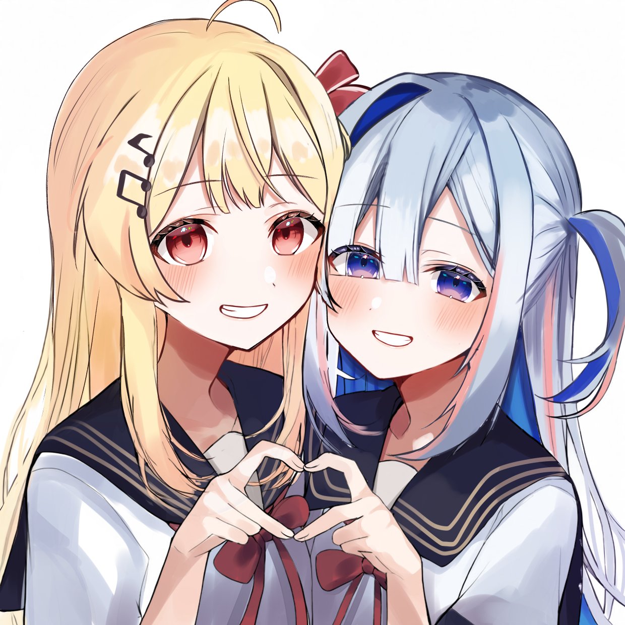 2girls, ahoge, alternate_costume, amane_kanata, asymmetrical_bangs, asymmetrical_hair, black_sailor_collar, blonde_hair, blue_hair, blush, bow, bowtie, colored_inner_hair, commentary_request, grey_hair, grin, hair_between_eyes, hair_ornament, heart, heart_hands, heart_hands_duo, highres, hololive, hololive_dev_is, long_hair, looking_at_viewer, multicolored_hair, multiple_girls, musical_note, musical_note_hair_ornament, otonose_kanade, red_bow, red_bowtie, red_eyes, sailor_collar, school_uniform, shirt, sidelocks, simple_background, single_hair_intake, smile, teeth, uekana9, upper_body, violet_eyes, virtual_youtuber, white_background, white_shirt