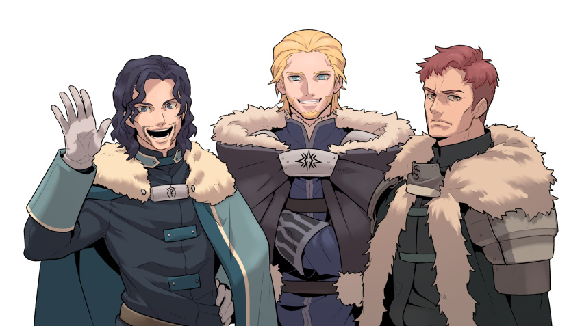 3boys, aqua_cape, arm_up, armor, beard, belt, black_belt, black_cape, black_hair, black_shirt, black_tunic, blonde_hair, blue_coat, blue_eyes, cape, closed_mouth, coat, collared_shirt, commentary_request, crest, facial_hair, family_crest, fire_emblem, fire_emblem:_three_houses, frown, fur-trimmed_cape, fur_trim, gloves, grin, hair_slicked_back, hand_on_own_hip, highres, korean_commentary, lambert_egitte_blaiddyd, looking_at_viewer, male_focus, matthias_raoul_gautier, mature_male, multiple_boys, open_mouth, orange_eyes, pauldrons, redhead, redlhzz, rodrigue_achille_fraldarius, shirt, shoulder_armor, simple_background, sleeve_cuffs, smile, teeth, tunic, upper_body, waving, white_background, white_fur, white_gloves