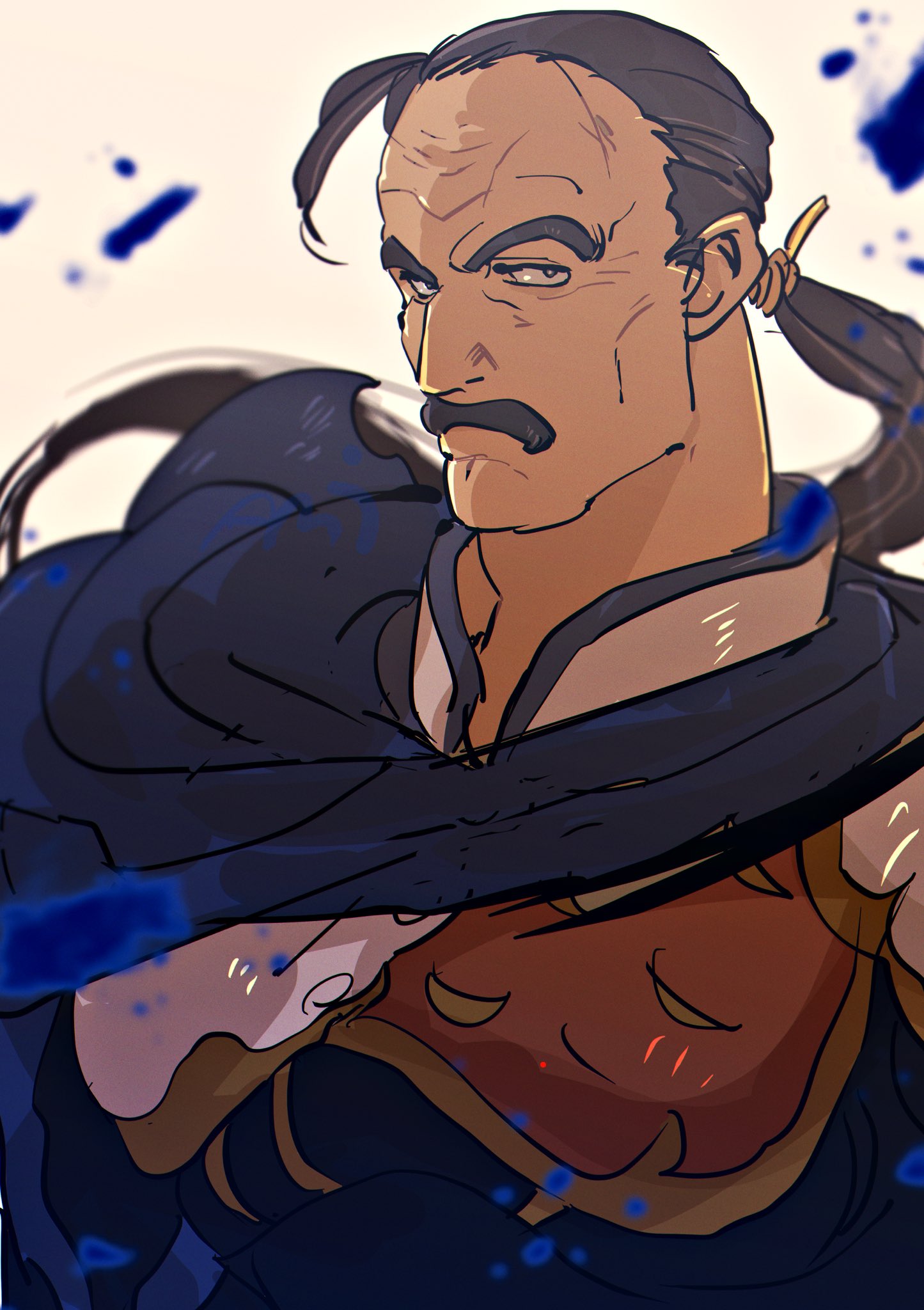 1boy, amu_(omoro3bot), armor, black_hair, blue_cape, blurry, blurry_background, cape