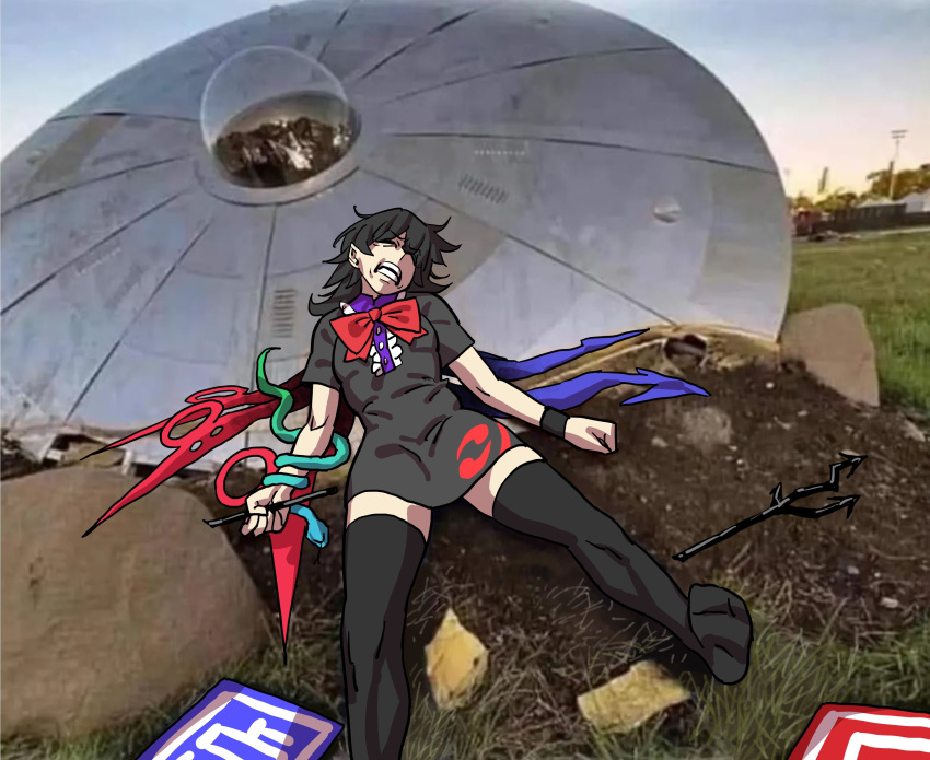 1girl, absurdres, asymmetrical_wings, black_dress, black_hair, black_thighhighs, bow, bowtie