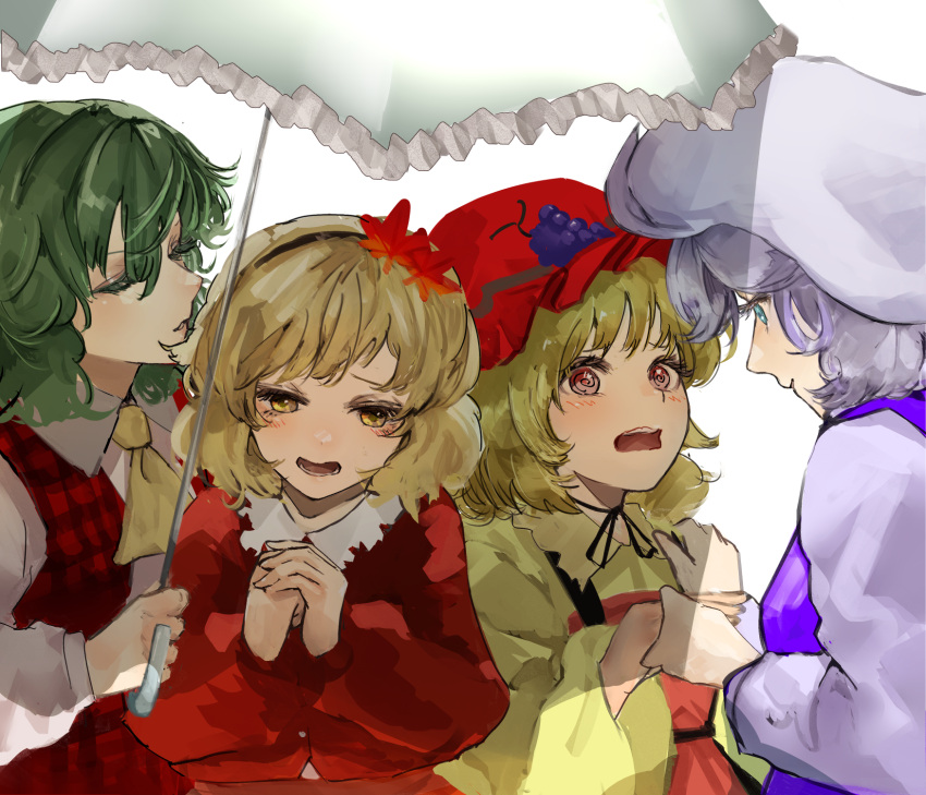 4girls, aki_minoriko, aki_shizuha, apron, ascot, black_ribbon, blonde_hair, blue_eyes, blush, choker, closed_eyes, commentary_request, eneshi, eye_contact, food, fruit, grape_hat_ornament, grapes, green_hair, hair_ornament, hairband, hand_grab, hat, highres, holding, holding_umbrella, kazami_yuuka, leaf_hair_ornament, letty_whiterock, long_sleeves, looking_at_another, mob_cap, multiple_girls, open_clothes, open_mouth, open_vest, orange_apron, orange_shirt, parasol, plaid_clothes, plaid_skirt, plaid_vest, purple_hair, purple_vest, red_eyes, red_vest, ribbon, ribbon_choker, shirt, siblings, sisters, skirt, skirt_set, smile, touhou, umbrella, vest, yellow_ascot, yuri