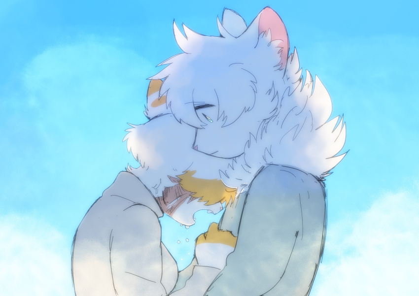 1boy, 1girl, blue_eyes, blue_sky, breasts, brightheart, cat_boy, cat_girl