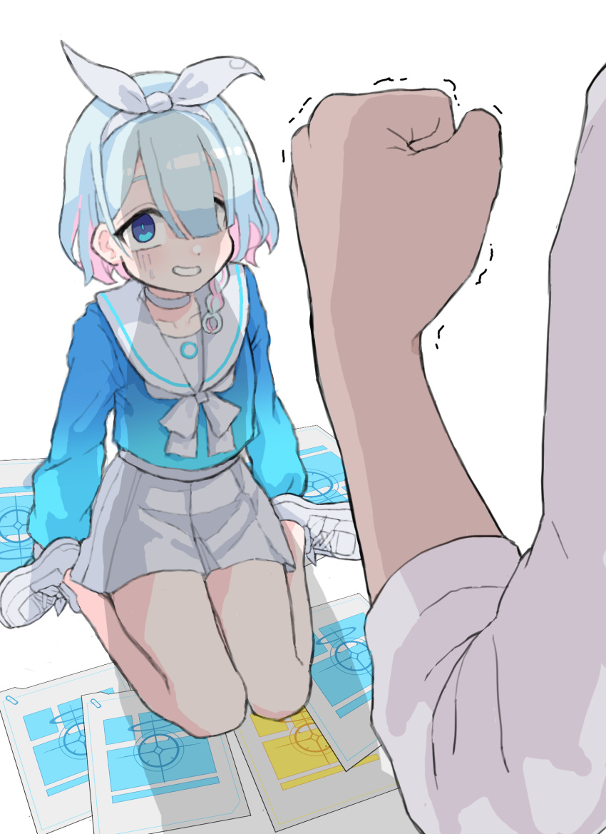 1boy, 1girl, angry, arona_(blue_archive), blue_archive, blue_eyes, blue_hair, blue_shirt