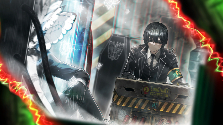 1boy, 1other, animal_head, animal_print, arm_on_knee, armband, bags_under_eyes, black_butterfly
