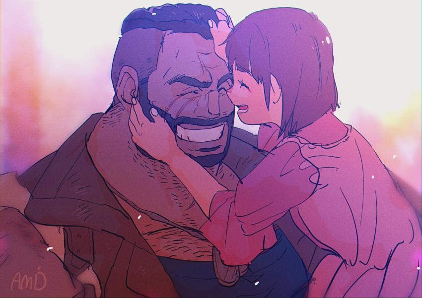 1boy, 1girl, amu_(omoro3bot), barret_wallace, beard, black_hair, black_shirt, blurry