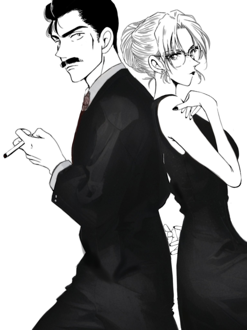 1boy, 1girl, cigarette, closed_mouth, commentary_request, dress, dutch_angle, facial_hair