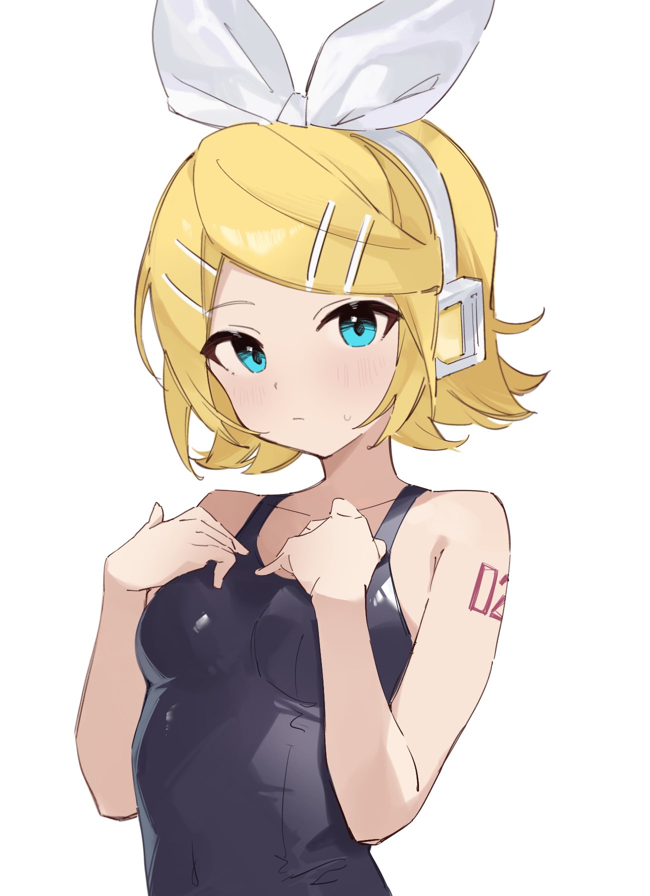 1girl, alternate_costume, arm_tattoo, black_one-piece_swimsuit, blonde_hair, blue_eyes, bow, closed_mouth