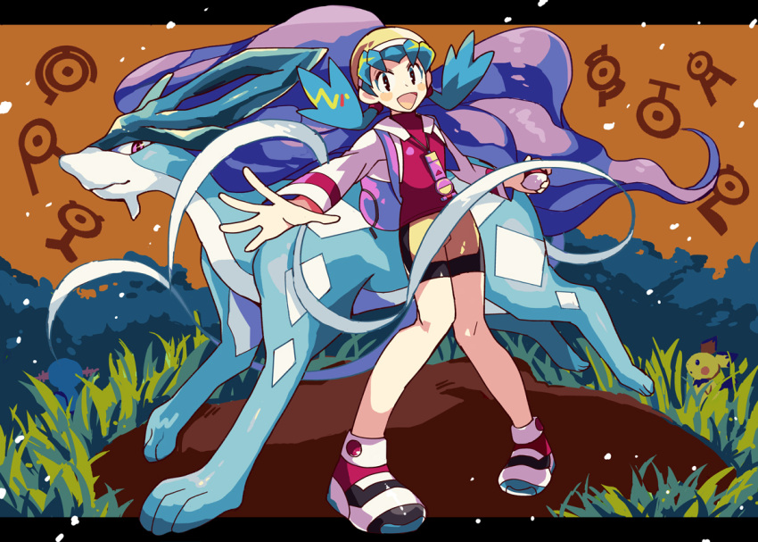 1girl, :d, anidler91, bike_shorts, black_eyes, blue_hair, blush, blush_stickers