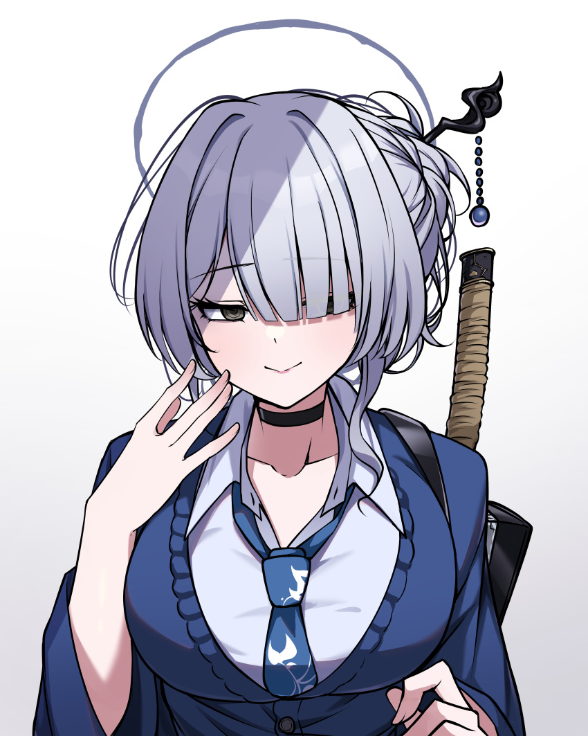 1girl, absurdres, black_choker, black_eyes, blue_cardigan, blue_jacket, blue_necktie, blue_shirt