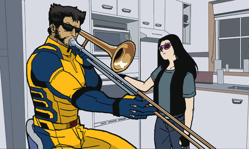 1boy, 1girl, beard, bodysuit, deadpool_&amp;_wolverine, deadpool_(series), facial_hair, lowres