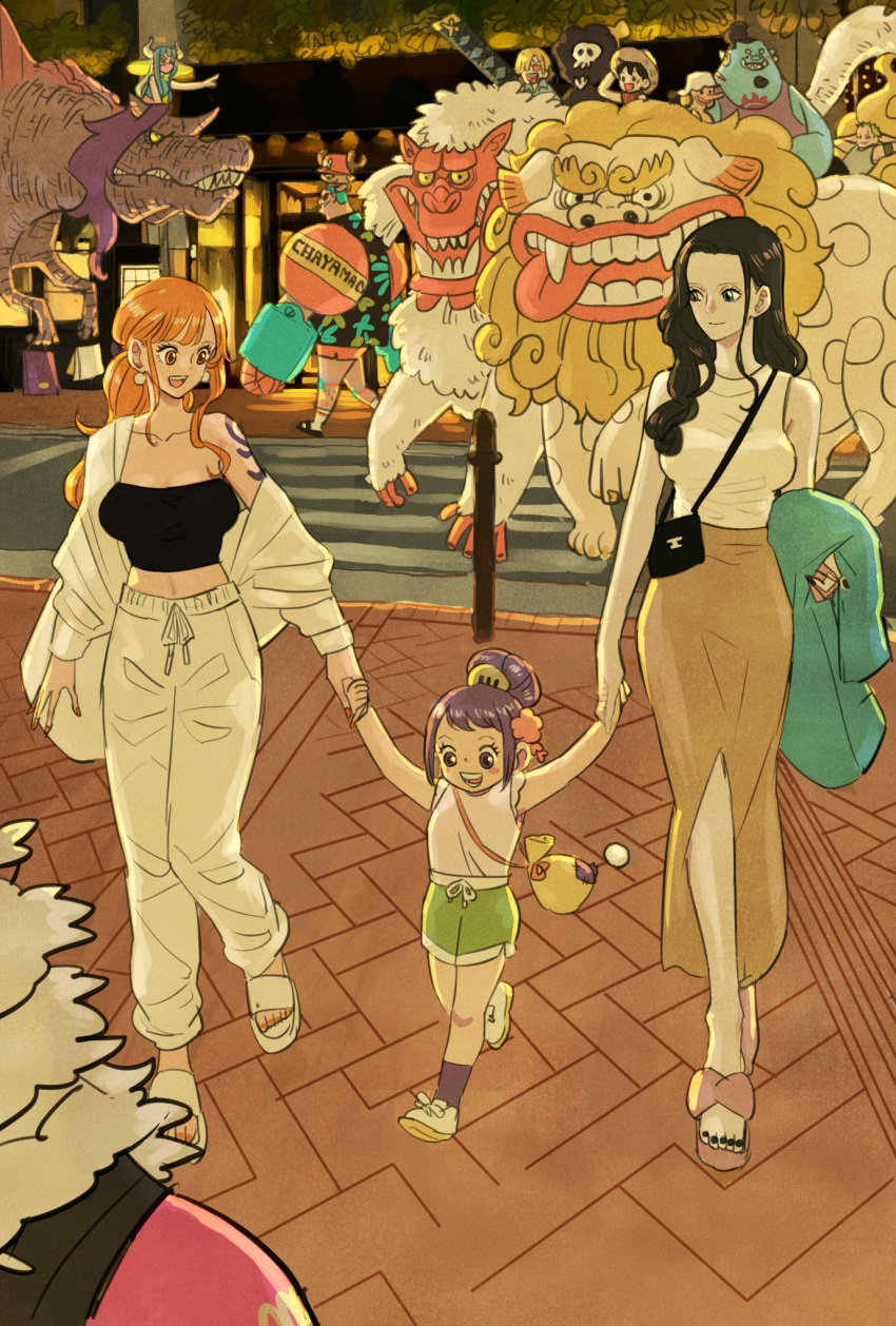 4girls, antlers, black_hair, charlotte_katakuri, child, commentary, facial_hair, franky_(one_piece)