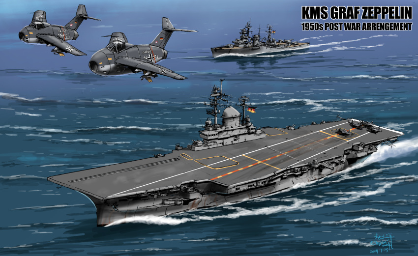 aircraft, aircraft_carrier, airplane, alternate_design, alternate_universe, cold_war, deutsche_marine, f-86_sabre, fighter_jet, graf_zeppelin_(aircraft_carrier), highres, jet, kriegsmarine, military, military_vehicle, nendoyo, no_humans, original, ship, vehicle_name, vehicle_request, warship, watercraft