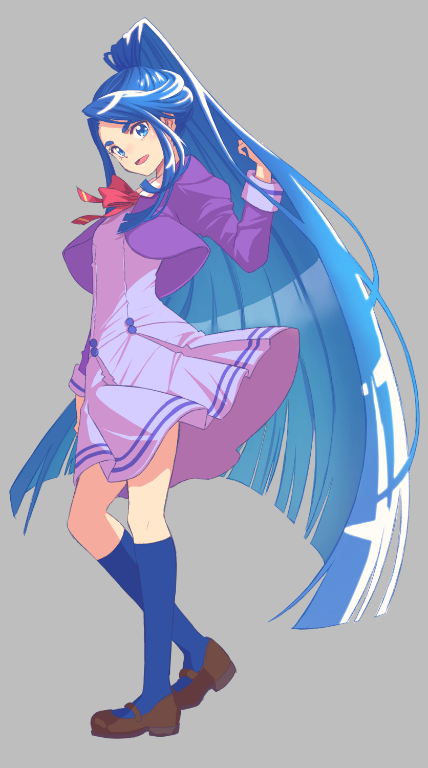 1girl, :d, blue_socks, brown_footwear, commentary_request, cosplay, cure_aqua, eyelashes