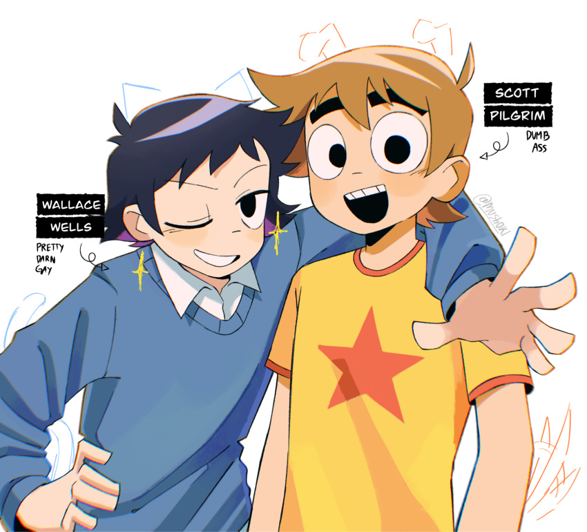 2boys, ahoge, arm_around_shoulder, black_eyes, black_hair, blue_sweater, blush, character_name, commentary, english_commentary, english_text, grin, highres, light_brown_hair, looking_at_viewer, male_focus, multiple_boys, mushoki, official_style, one_eye_closed, open_mouth, scott_pilgrim, scott_pilgrim_(series), scott_pilgrim_takes_off, shirt, short_hair, simple_background, smile, sparkle, star_(symbol), sweater, thick_eyebrows, upper_body, wallace_wells, white_background, white_shirt, yellow_shirt