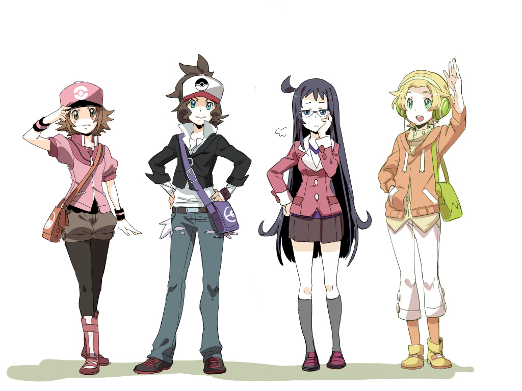 2boys, 2girls, 84k, ahoge, bag, baseball_cap, bel_(pokemon), bell_(pokemon)