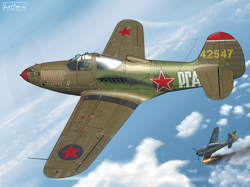 1boy, absurdres, aerial_battle, aircraft, airplane, artist_name, battle, clouds
