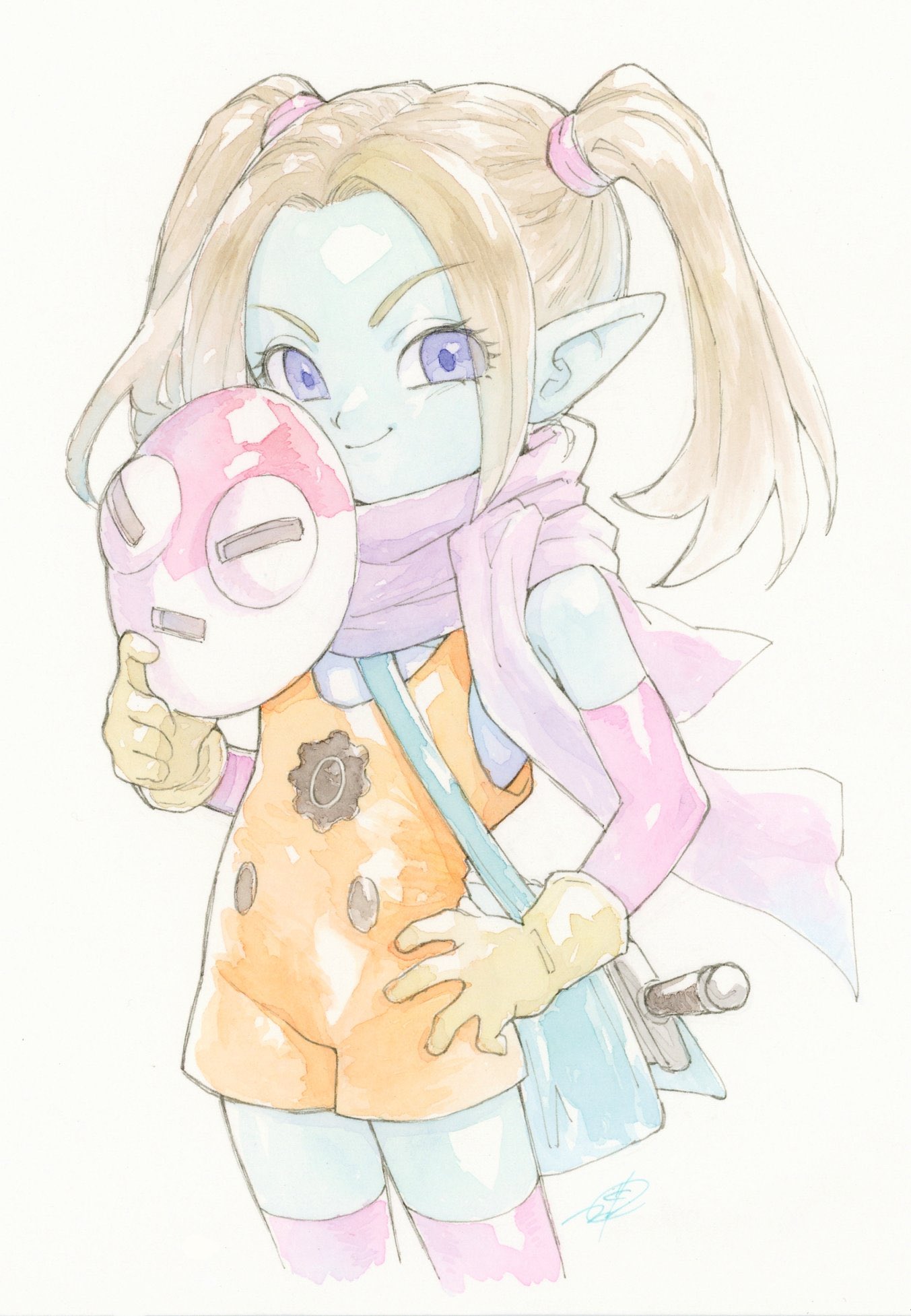 1girl, blue_bag, blue_skin, colored_skin, commentary_request, cowboy_shot, dragon_ball, dragon_ball_daima, floating_clothes, gloves, gureshi_db, hand_on_own_hip, highres, holding, holding_mask, light_brown_hair, looking_at_viewer, mask, masked_majin_(dragon_ball), orange_overalls, overalls, painting_(medium), pansy_(dragon_ball_daima), parted_bangs, pink_thighhighs, pointy_ears, purple_scarf, scarf, signature, smirk, solo, thigh-highs, traditional_media, twintails, unworn_mask, violet_eyes, watercolor_(medium), yellow_gloves