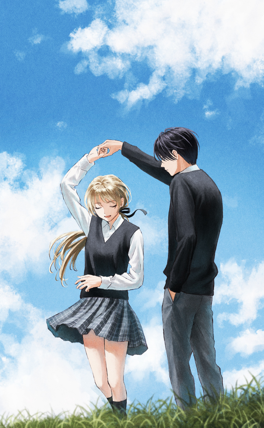 1boy, 1girl, absurdres, black_hair, blonde_hair, blue_sky, closed_eyes, clouds