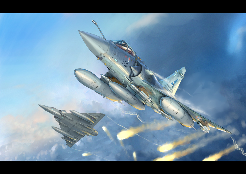 absurdres, air-to-air_missile, aircraft, airplane, black_border, border, clouds, dassault_mirage_2000