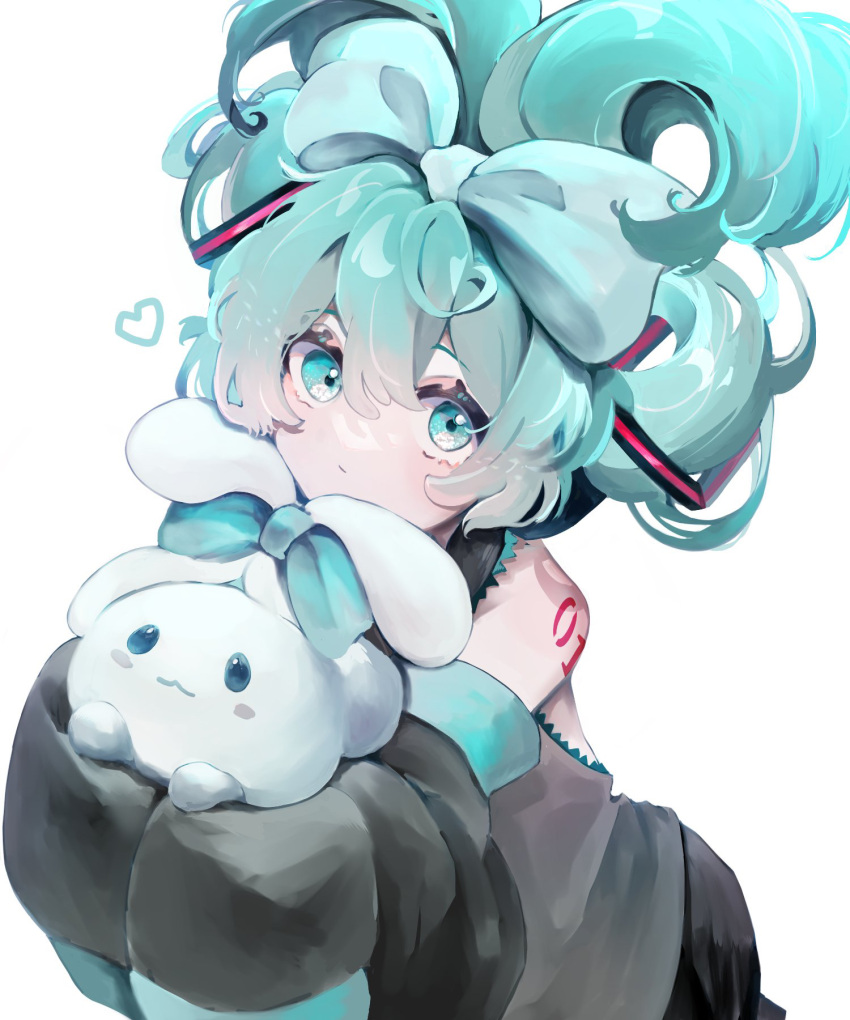 1girl, :3, amanomiya_megu, aqua_bow, aqua_eyes, aqua_hair, black_eyes, black_pants, black_shirt, black_sleeves, blush, bow, cinnamiku, cinnamoroll, creature, crossed_bangs, detached_sleeves, expressionless, folded_twintails, frilled_shirt, frills, hair_between_eyes, hair_bow, hands_up, hatsune_miku, heart, highres, holding, holding_creature, leaning_forward, looking_at_viewer, number_tattoo, outstretched_arms, pants, sanrio, shirt, sidelocks, sleeveless, sleeveless_shirt, sleeves_past_fingers, sleeves_past_wrists, tattoo, tied_ears, updo, upper_body, vocaloid