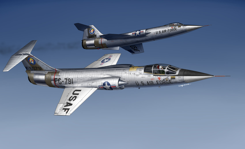 2others, absurdres, aircraft, airplane, f-104_starfighter, fighter_jet, flying, gradient_background