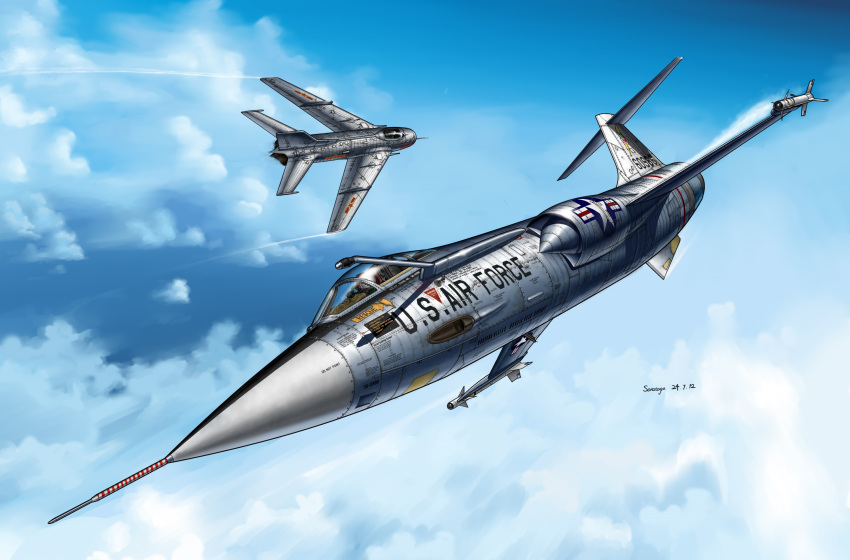 aerial_battle, air-to-air_missile, aircraft, airplane, battle, clouds, cold_war, dogfight