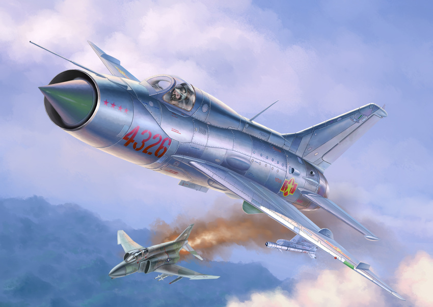 2boys, aerial_battle, air-to-air_missile, aircraft, airplane, battle, clouds, dogfight, f-4_phantom_ii, fighter_jet, fire, flying, highres, jet, mig-21, military, military_vehicle, multiple_boys, original, pilot, sky, smoke, united_states_air_force, vehicle_focus, vietnam_people's_air_force, vietnam_war, zuotian_de_yu