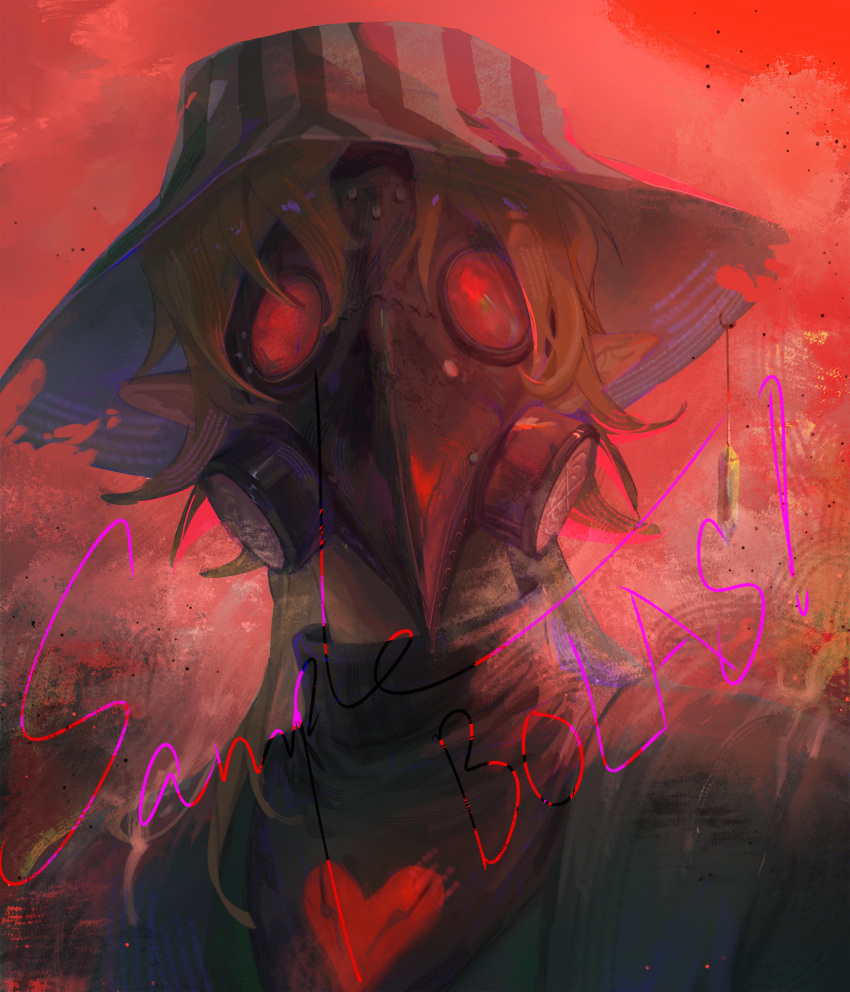 1boy, absurdres, blonde_hair, bucket_hat, chinese_commentary, commentary, gas_mask, green_kimono