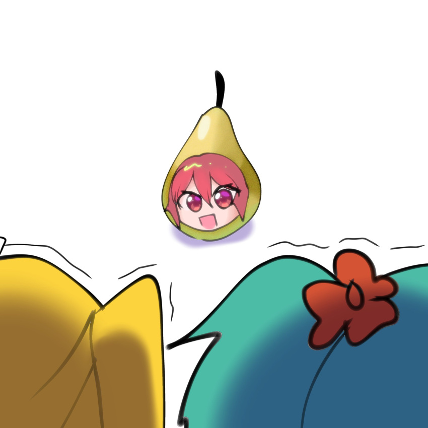 3girls, :d, akita_neru, blonde_hair, blue_hair, brazilian_miku, commentary, english_commentary, food, fruit, hatsune_miku, highres, kasane_teto, looking_at_viewer, multiple_girls, open_mouth, pear, pink_eyes, pink_hair, saw_art06, simple_background, smile, solo_focus, utau, vocaloid, white_background