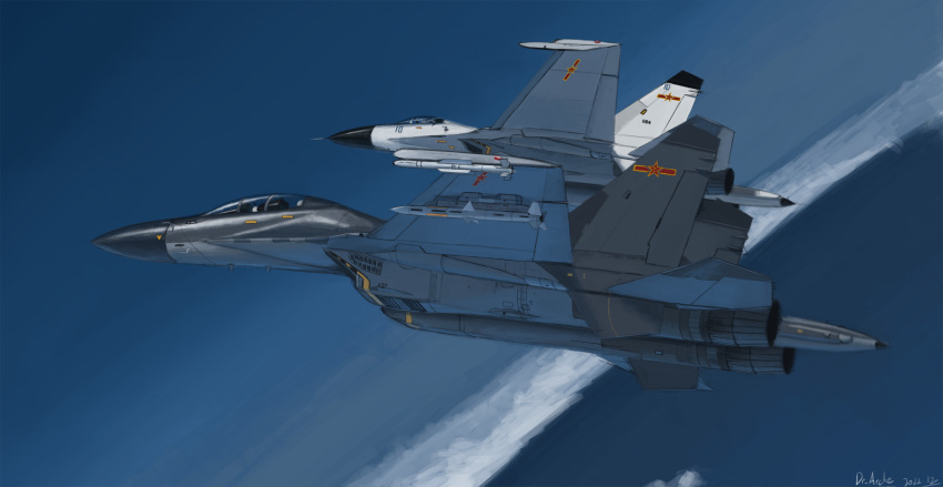 absurdres, air-to-air_missile, aircraft, airplane, clouds, dr-arche, dutch_angle, fighter_jet