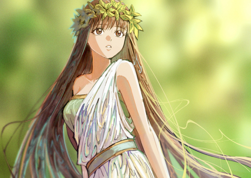 1girl, bare_shoulders, blurry, breasts, brown_eyes, brown_hair, commentary_request, depth_of_field, dress, edaori, fate/strange_fake, fate_(series), highres, laurel_crown, long_hair, looking_afar, medium_breasts, outdoors, shamhat_(fate), solo, sunlight, very_long_hair, white_dress