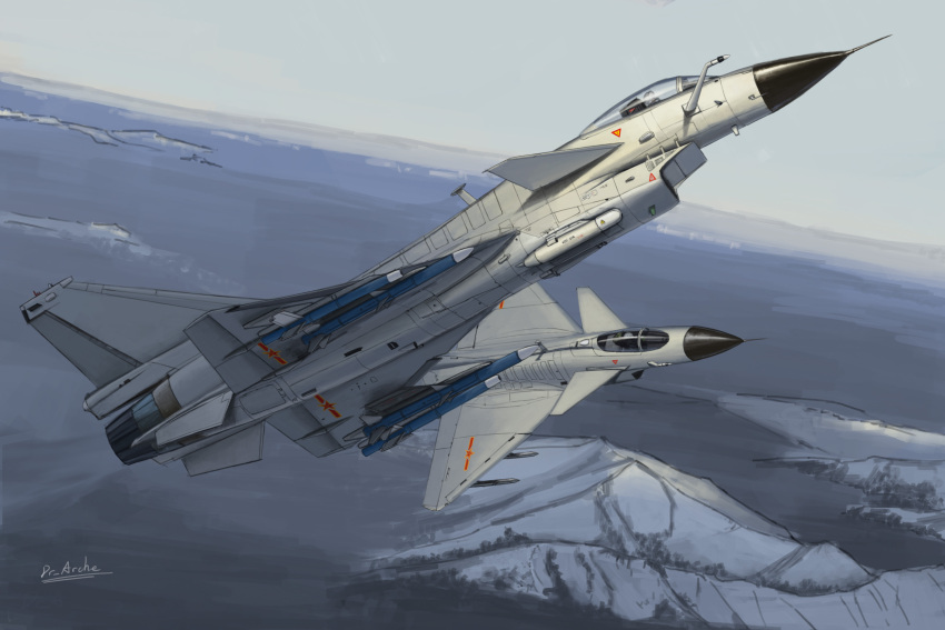 2others, absurdres, air-to-air_missile, aircraft, airplane, chengdu_j-10, dr-arche, fighter_jet, flying, highres, jet, military, military_vehicle, mountainous_horizon, multiple_others, original, people's_liberation_army, people's_liberation_army_air_force, pilot, scenery, sky