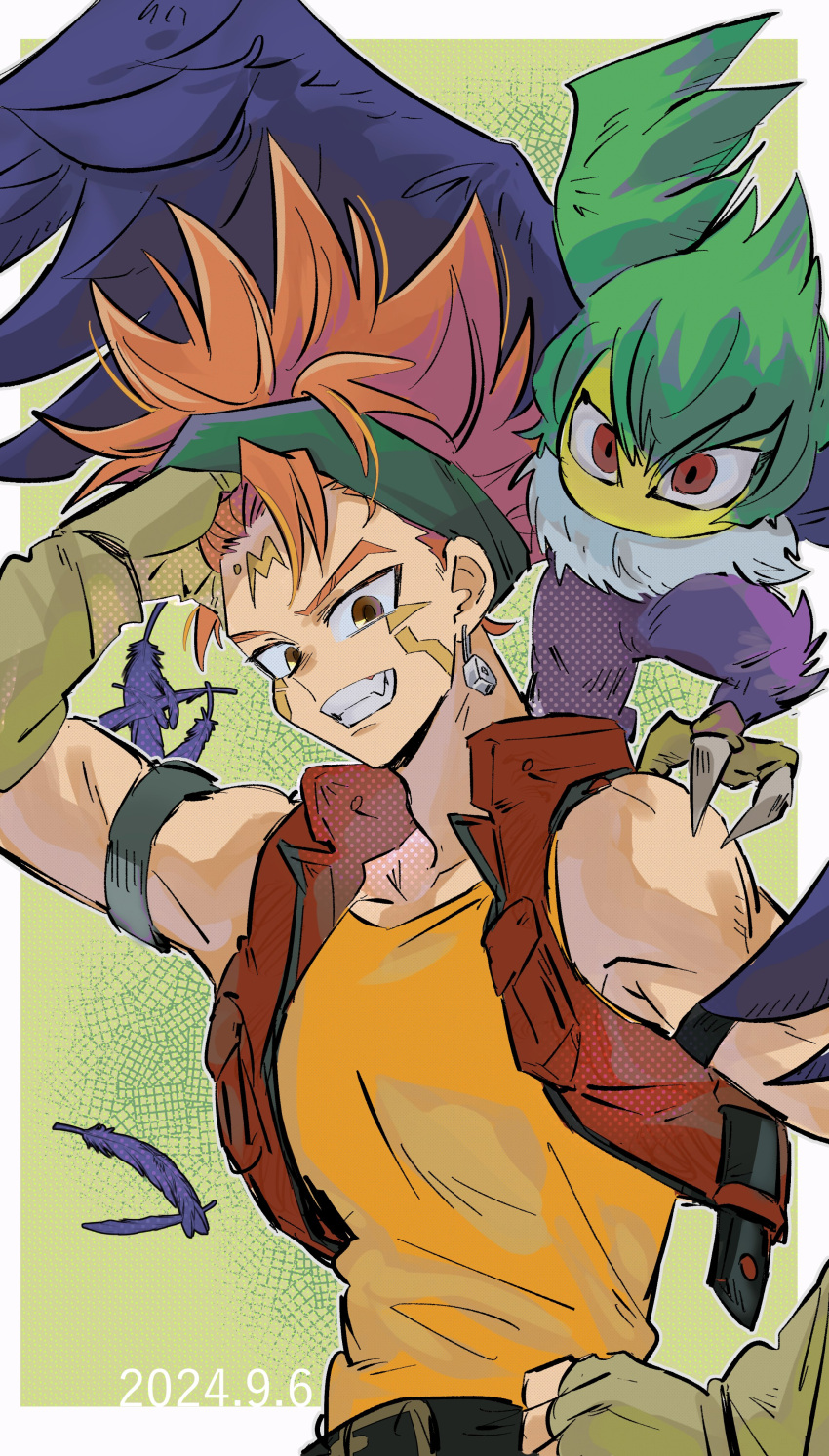 2boys, absurdres, bare_shoulders, bibiri_(r42r98r), black_feathers, blackwing_gale_the_whirlwind, border, brown_eyes