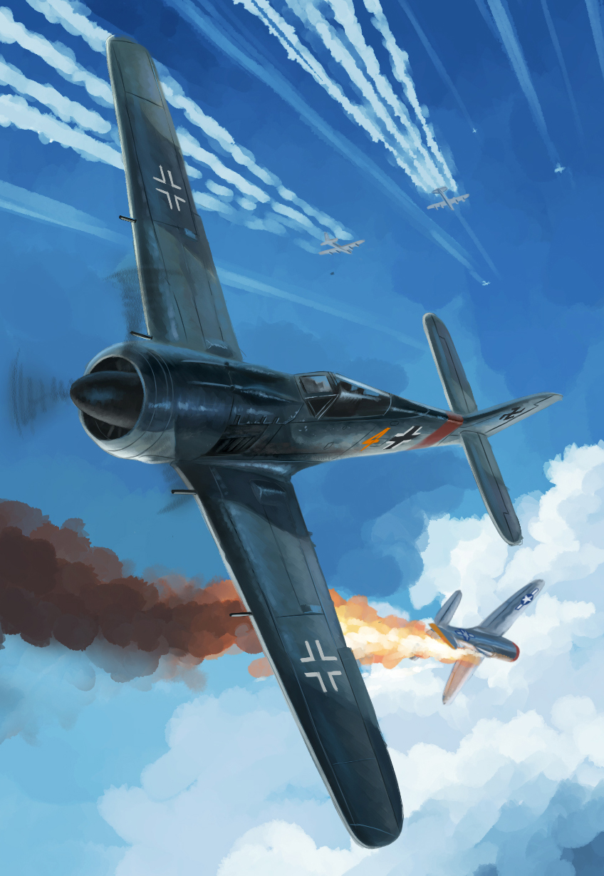 aerial_battle, battle, clouds, dogfight, fire, flying, fw_190, highres