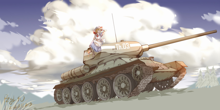 1girl, absurdres, blue_dress, cannon, clouds, dress, highres, kana_anaberal