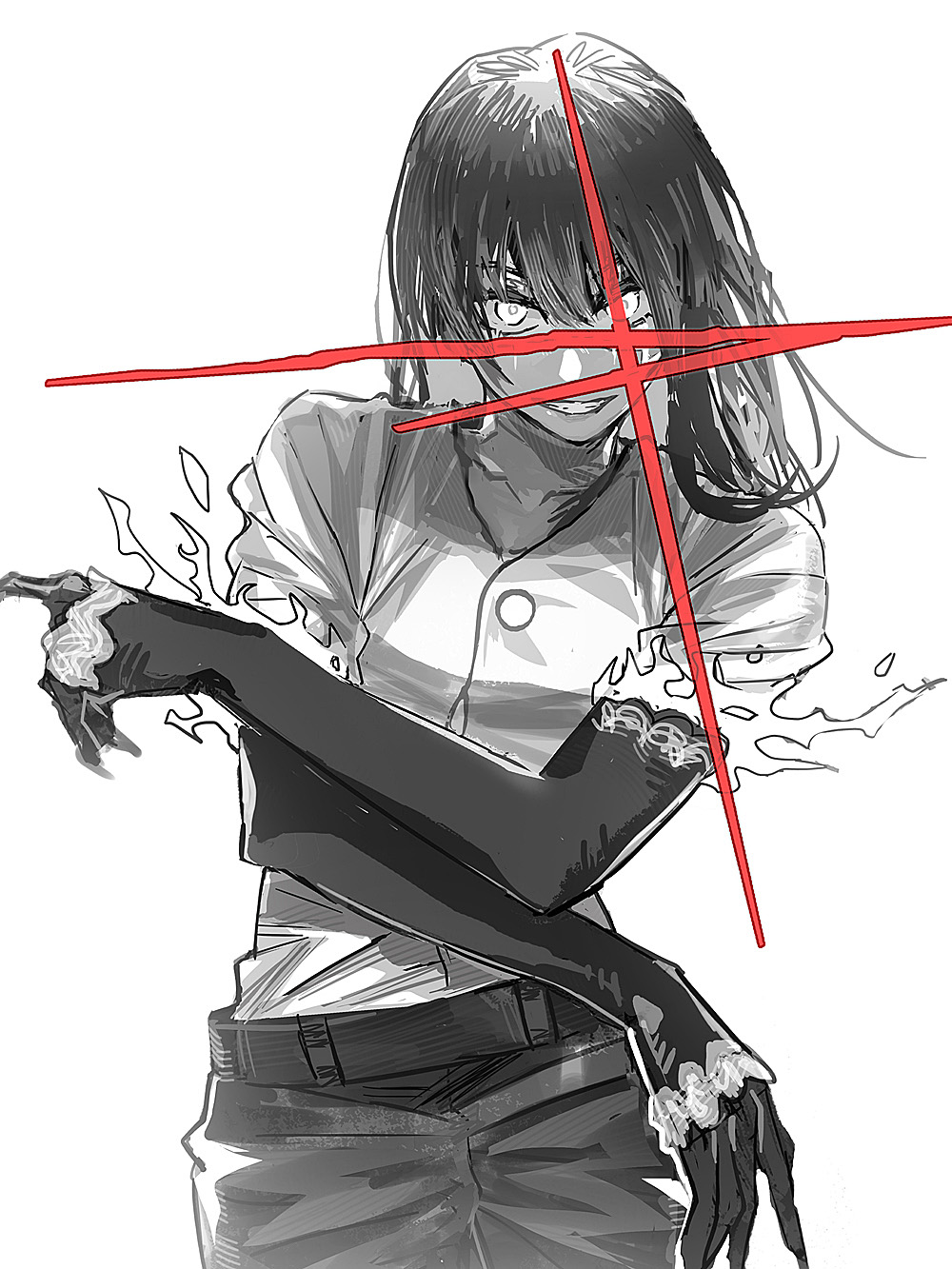 1girl, chainsaw_man, cowboy_shot, greyscale, grin, hair_between_eyes, highres, lianng