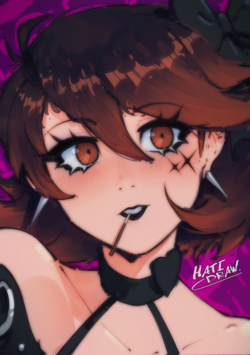 1girl, absurdres, alternate_costume, artist_name, bare_shoulders, black_choker, black_lips, blush