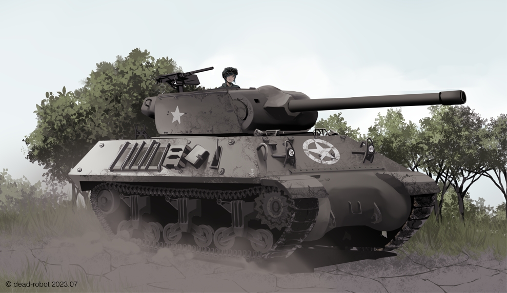 1girl, cannon, dead-robot, dust, gun, m36_jackson, machine_gun, military