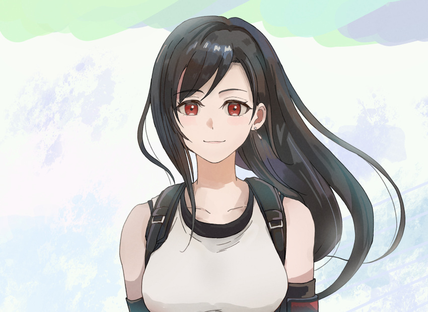 1girl, absurdres, bare_shoulders, black_hair, black_sports_bra, breasts, closed_mouth, collarbone, commentary_request, earrings, elbow_gloves, final_fantasy, final_fantasy_vii, final_fantasy_vii_rebirth, final_fantasy_vii_remake, floating_hair, gloves, hair_behind_ear, highres, jewelry, light_blush, long_hair, looking_at_viewer, medium_breasts, red_eyes, single_arm_guard, single_earring, single_sidelock, smile, solo, sports_bra, suspenders, swept_bangs, tank_top, tifa_lockhart, upper_body, white_tank_top, yuu_(rouie01238)