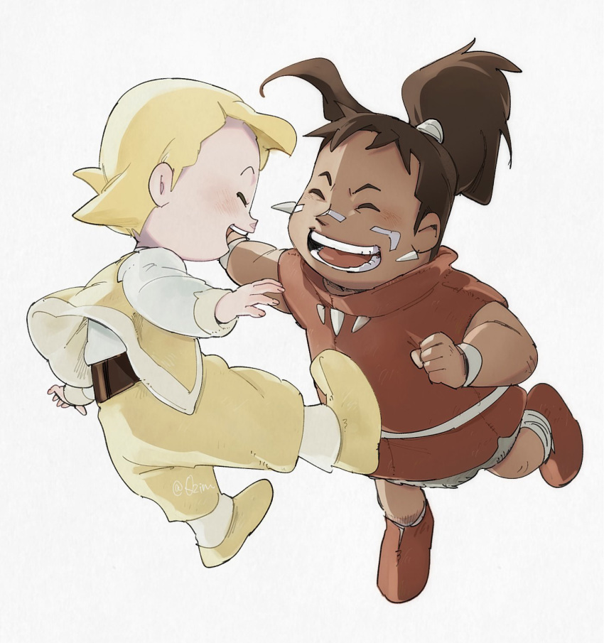 2boys, blonde_hair, blush, brown_hair, child, clenched_hand, closed_eyes, dark-skinned_male